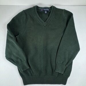 Brooks Brothers 346 Boys V‑Neck Pullover Sweater Cotton Forest Green XS Youth 4T